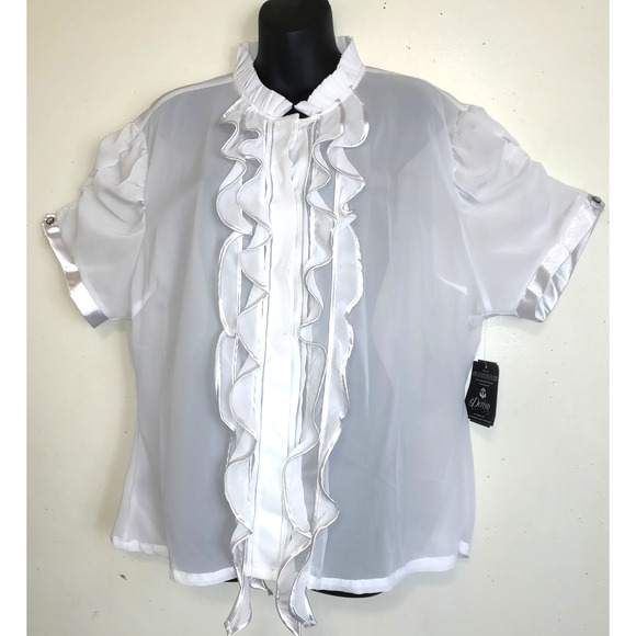 Dereon Sheer White Blouse PLUS Sz 3X Beyonce 2009 Ruffles Romantic FLAW High Nec - Picture 1 of 16